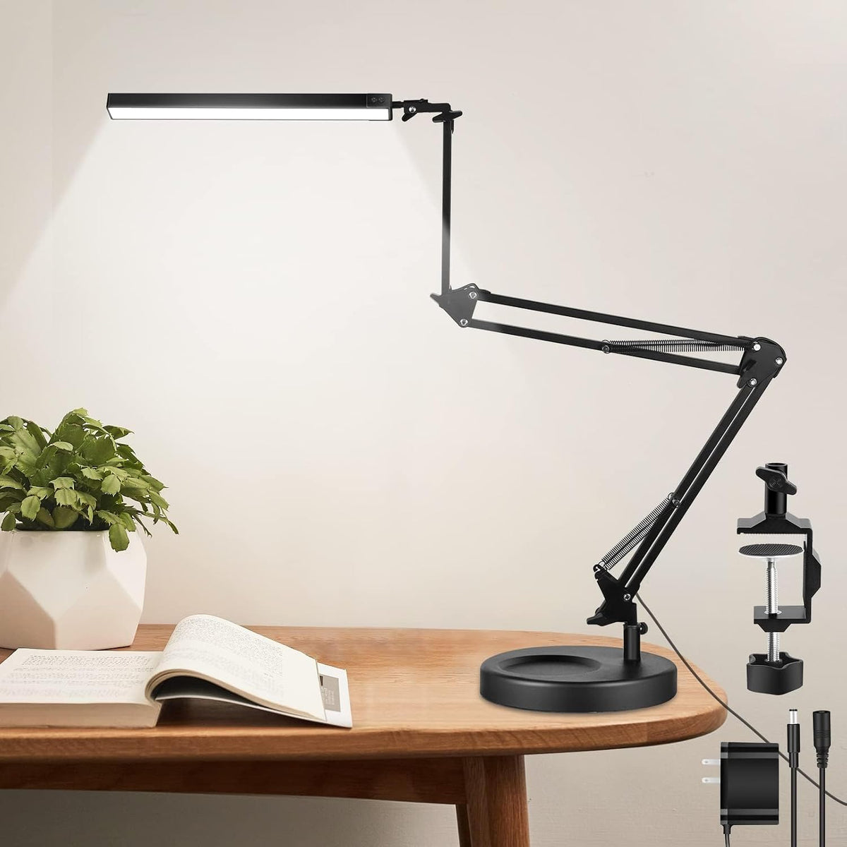 LED Desk Lamp with Clamp,2-in-1 Clamp on Desk Lamps with Base,50.7" Adjustable Swing Arm Architect Desk Lamp,Memory Function Desk Lights for Home Office,Workbench,Reading,Craft,Drafting