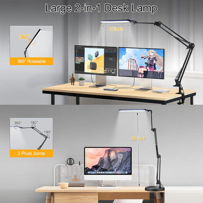 LED Desk Lamp with Clamp,2-in-1 Clamp on Desk Lamps with Base,50.7" Adjustable Swing Arm Architect Desk Lamp,Memory Function Desk Lights for Home Office,Workbench,Reading,Craft,Drafting