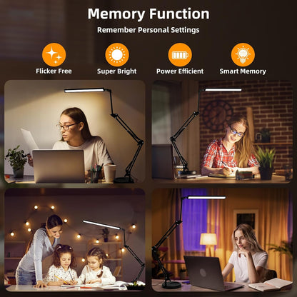 LED Desk Lamp with Clamp,2-in-1 Clamp on Desk Lamps with Base,50.7" Adjustable Swing Arm Architect Desk Lamp,Memory Function Desk Lights for Home Office,Workbench,Reading,Craft,Drafting