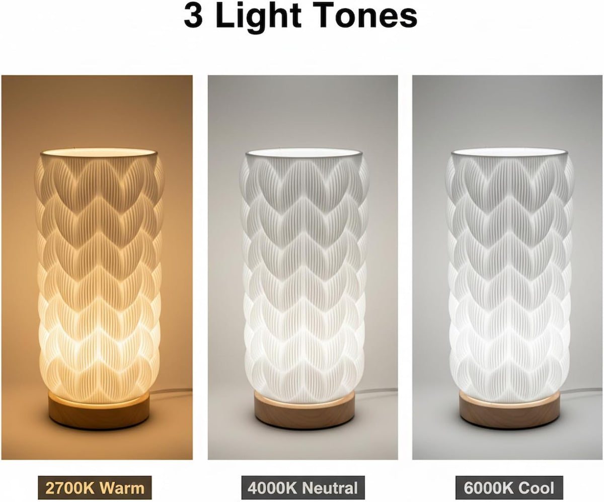 Small Bedside Lamp for Nightstand, 3D Printed Mini Table Lamp, 3 Color Temperatures Warm to Cool White, Cozy Small Lamp for Bedroom Dorm Tight Spaces, Ash Wood Base, 8.8 Inch Tall - Honeycomb