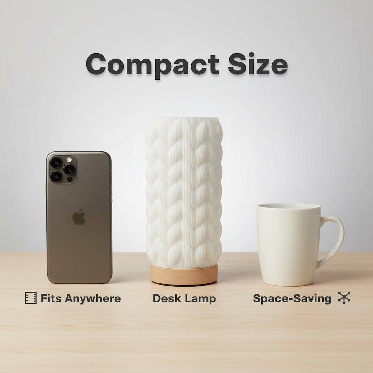 Small Bedside Lamp for Nightstand, 3D Printed Mini Table Lamp, 3 Color Temperatures Warm to Cool White, Cozy Small Lamp for Bedroom Dorm Tight Spaces, Ash Wood Base, 8.8 Inch Tall - Honeycomb
