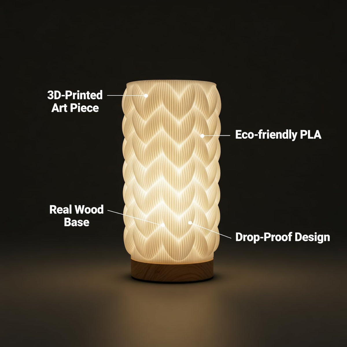 Small Bedside Lamp for Nightstand, 3D Printed Mini Table Lamp, 3 Color Temperatures Warm to Cool White, Cozy Small Lamp for Bedroom Dorm Tight Spaces, Ash Wood Base, 8.8 Inch Tall - Honeycomb