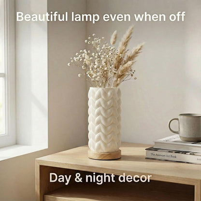 Small Bedside Lamp for Nightstand, 3D Printed Mini Table Lamp, 3 Color Temperatures Warm to Cool White, Cozy Small Lamp for Bedroom Dorm Tight Spaces, Ash Wood Base, 8.8 Inch Tall - Honeycomb