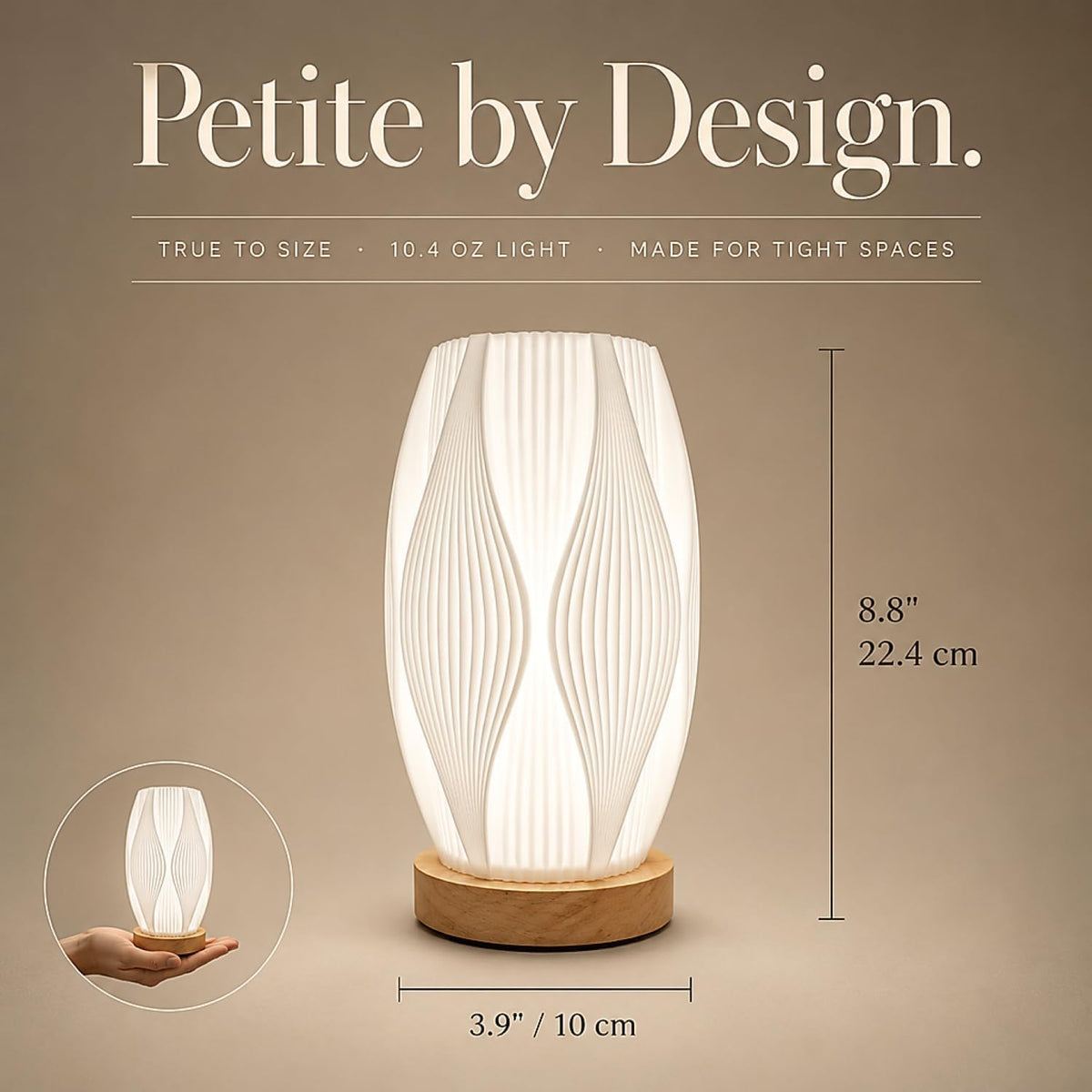 Small Bedside Lamp for Nightstand, 3D Printed Mini Table Lamp, 3 Color Temperatures Warm to Cool White, Cozy Small Lamp for Bedroom Dorm Tight Spaces, Ash Wood Base, 8.8 Inch Tall - Honeycomb