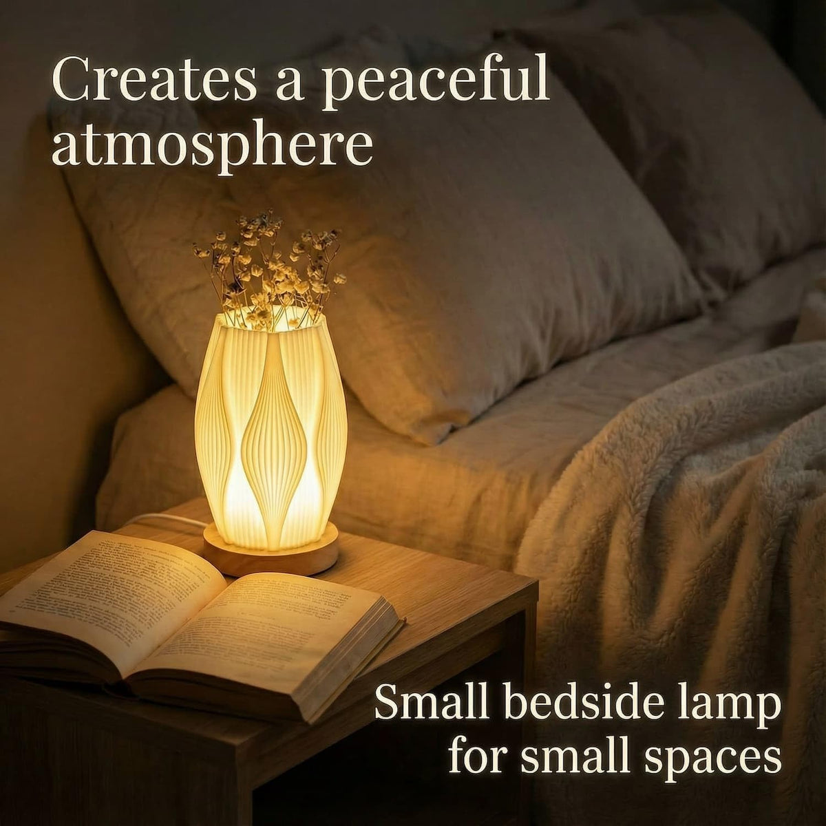 Small Bedside Lamp for Nightstand, 3D Printed Mini Table Lamp, 3 Color Temperatures Warm to Cool White, Cozy Small Lamp for Bedroom Dorm Tight Spaces, Ash Wood Base, 8.8 Inch Tall - Honeycomb