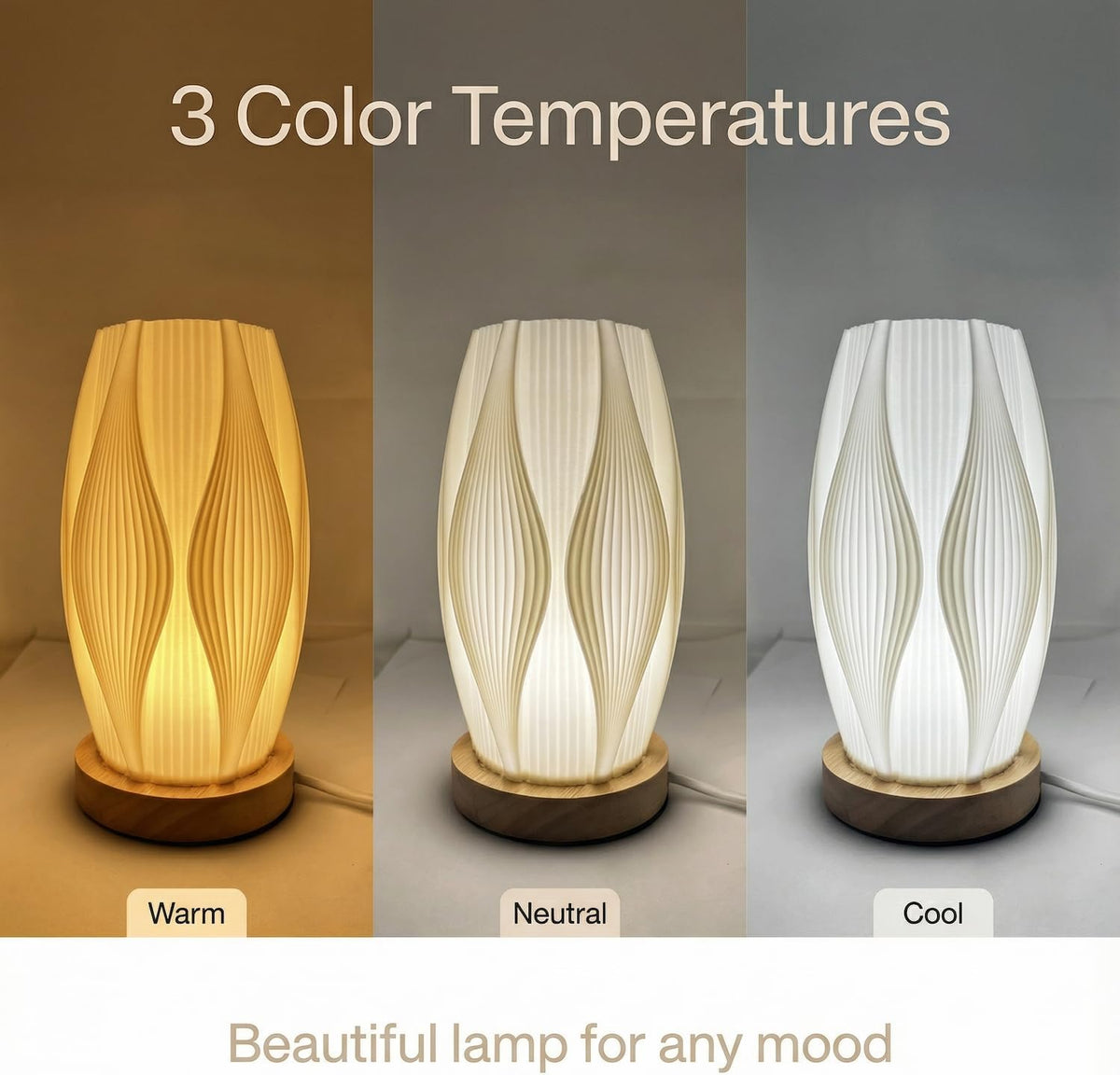 Small Bedside Lamp for Nightstand, 3D Printed Mini Table Lamp, 3 Color Temperatures Warm to Cool White, Cozy Small Lamp for Bedroom Dorm Tight Spaces, Ash Wood Base, 8.8 Inch Tall - Honeycomb