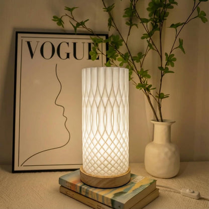 Small Bedside Lamp for Nightstand, 3D Printed Mini Table Lamp, 3 Color Temperatures Warm to Cool White, Cozy Small Lamp for Bedroom Dorm Tight Spaces, Ash Wood Base, 8.8 Inch Tall - Honeycomb