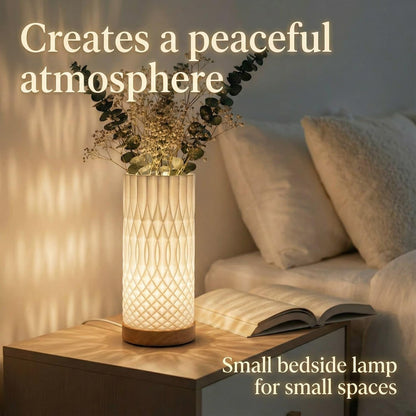 Small Bedside Lamp for Nightstand, 3D Printed Mini Table Lamp, 3 Color Temperatures Warm to Cool White, Cozy Small Lamp for Bedroom Dorm Tight Spaces, Ash Wood Base, 8.8 Inch Tall - Honeycomb