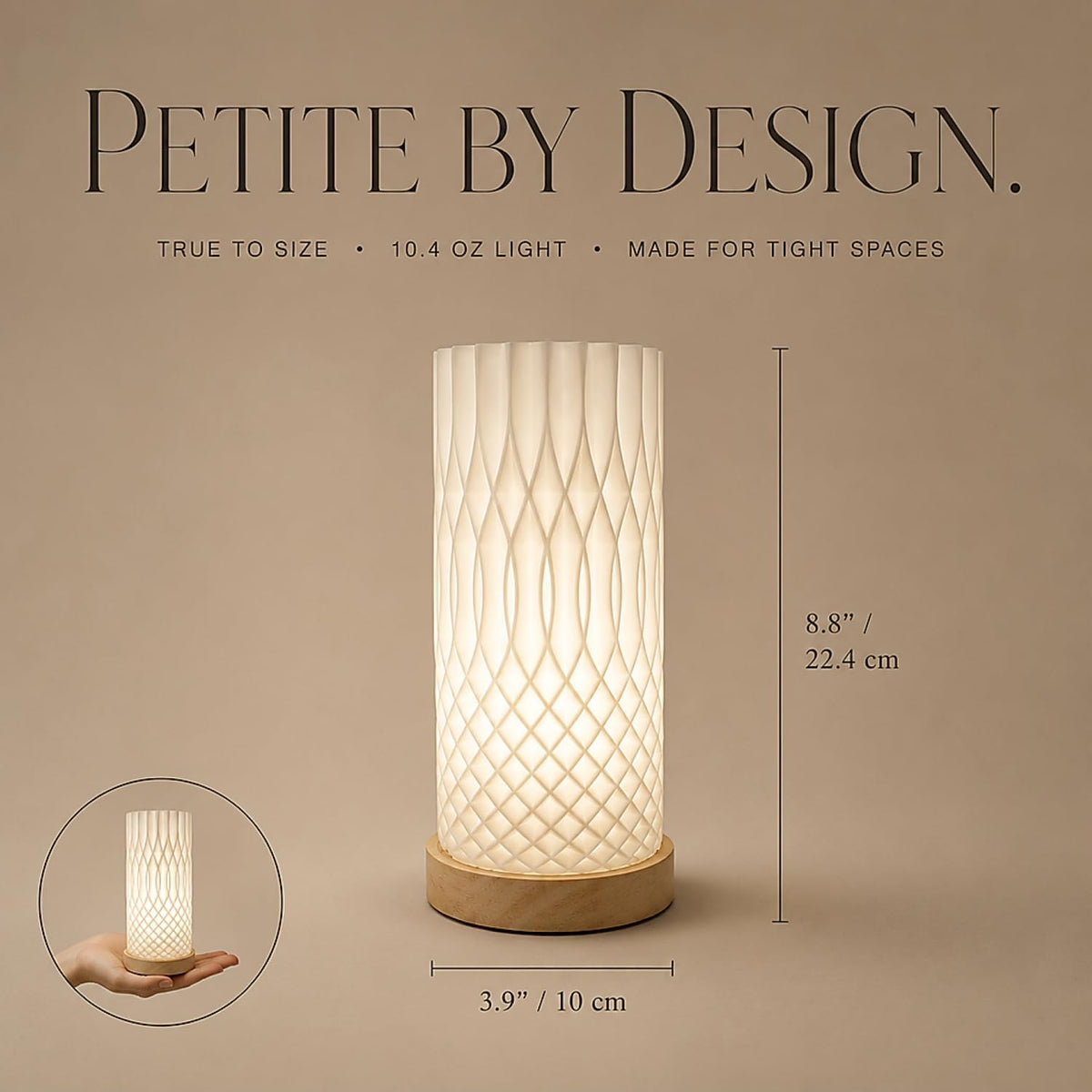 Small Bedside Lamp for Nightstand, 3D Printed Mini Table Lamp, 3 Color Temperatures Warm to Cool White, Cozy Small Lamp for Bedroom Dorm Tight Spaces, Ash Wood Base, 8.8 Inch Tall - Honeycomb