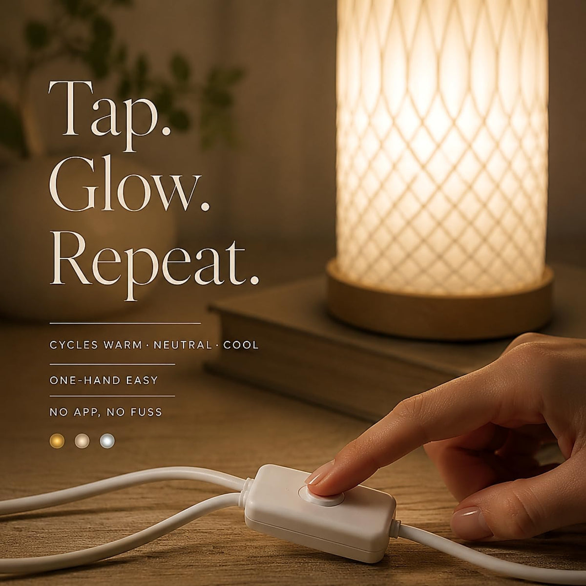 Small Bedside Lamp for Nightstand, 3D Printed Mini Table Lamp, 3 Color Temperatures Warm to Cool White, Cozy Small Lamp for Bedroom Dorm Tight Spaces, Ash Wood Base, 8.8 Inch Tall - Honeycomb
