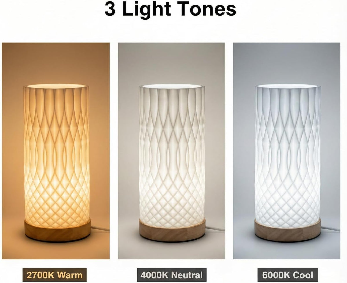 Small Bedside Lamp for Nightstand, 3D Printed Mini Table Lamp, 3 Color Temperatures Warm to Cool White, Cozy Small Lamp for Bedroom Dorm Tight Spaces, Ash Wood Base, 8.8 Inch Tall - Honeycomb