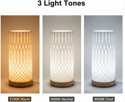 Small Bedside Lamp for Nightstand, 3D Printed Mini Table Lamp, 3 Color Temperatures Warm to Cool White, Cozy Small Lamp for Bedroom Dorm Tight Spaces, Ash Wood Base, 8.8 Inch Tall - Honeycomb
