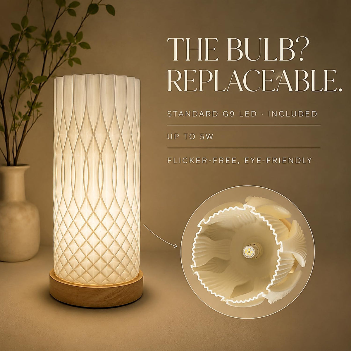Small Bedside Lamp for Nightstand, 3D Printed Mini Table Lamp, 3 Color Temperatures Warm to Cool White, Cozy Small Lamp for Bedroom Dorm Tight Spaces, Ash Wood Base, 8.8 Inch Tall - Honeycomb