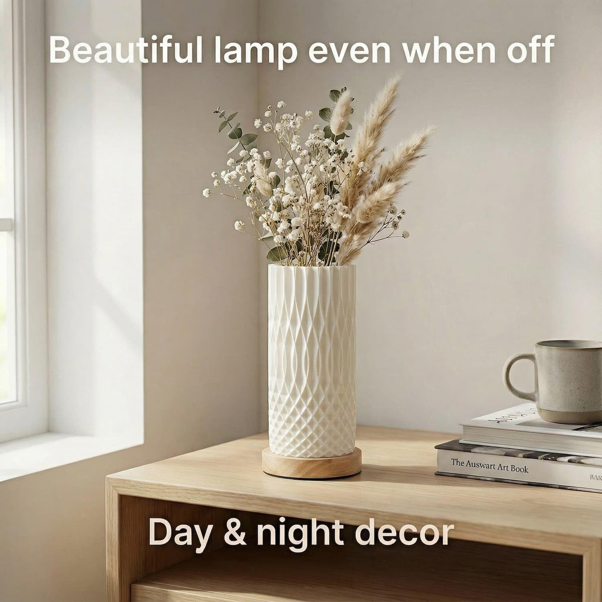 Small Bedside Lamp for Nightstand, 3D Printed Mini Table Lamp, 3 Color Temperatures Warm to Cool White, Cozy Small Lamp for Bedroom Dorm Tight Spaces, Ash Wood Base, 8.8 Inch Tall - Honeycomb