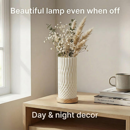 Small Bedside Lamp for Nightstand, 3D Printed Mini Table Lamp, 3 Color Temperatures Warm to Cool White, Cozy Small Lamp for Bedroom Dorm Tight Spaces, Ash Wood Base, 8.8 Inch Tall - Honeycomb