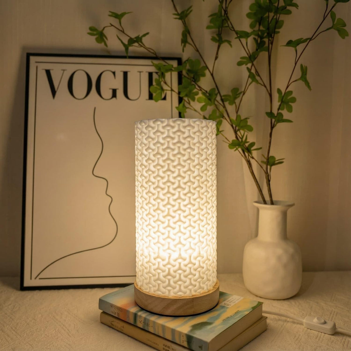 Small Bedside Lamp for Nightstand, 3D Printed Mini Table Lamp, 3 Color Temperatures Warm to Cool White, Cozy Small Lamp for Bedroom Dorm Tight Spaces, Ash Wood Base, 8.8 Inch Tall - Honeycomb