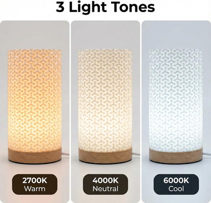 Small Bedside Lamp for Nightstand, 3D Printed Mini Table Lamp, 3 Color Temperatures Warm to Cool White, Cozy Small Lamp for Bedroom Dorm Tight Spaces, Ash Wood Base, 8.8 Inch Tall - Honeycomb