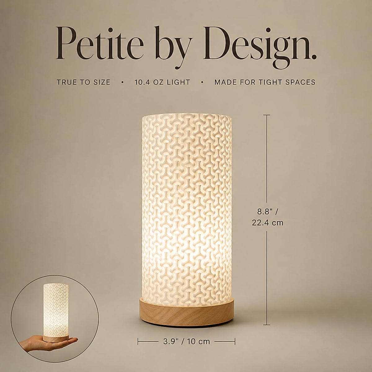 Small Bedside Lamp for Nightstand, 3D Printed Mini Table Lamp, 3 Color Temperatures Warm to Cool White, Cozy Small Lamp for Bedroom Dorm Tight Spaces, Ash Wood Base, 8.8 Inch Tall - Honeycomb