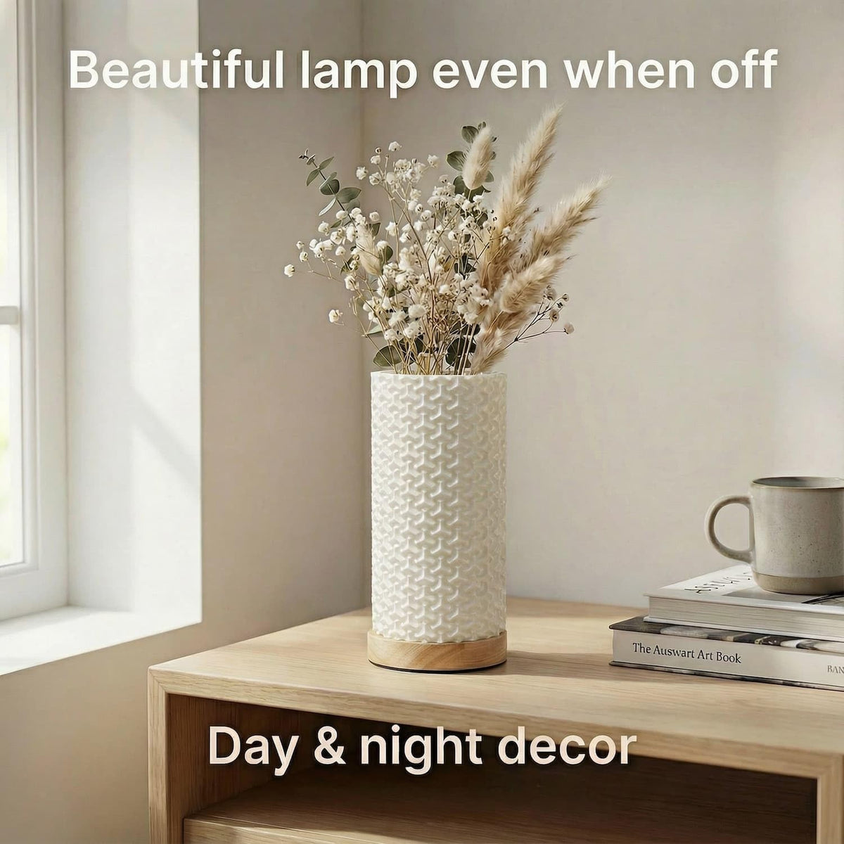 Small Bedside Lamp for Nightstand, 3D Printed Mini Table Lamp, 3 Color Temperatures Warm to Cool White, Cozy Small Lamp for Bedroom Dorm Tight Spaces, Ash Wood Base, 8.8 Inch Tall - Honeycomb