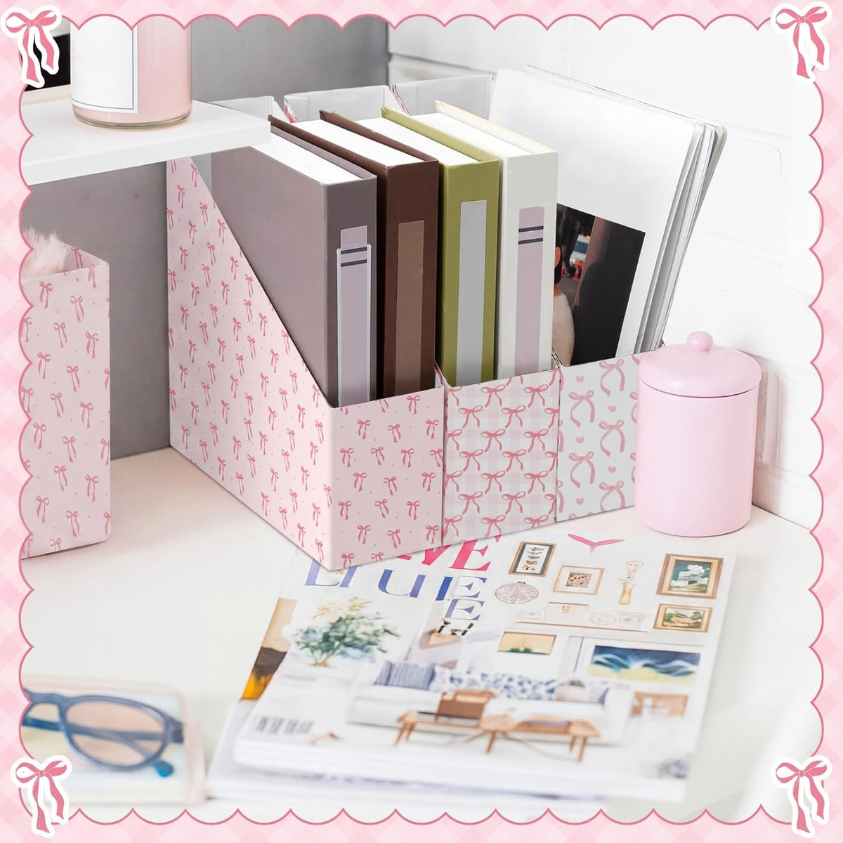 Pink Bow Set of 4 Magazine File Holder Decorative