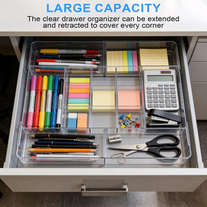 Expandable Desk Drawer Organizer, Expandable Storage Tray with Adjustable Compartments - Customizable Desk Organizer for Makeup, Utensils, Office Supplies, Junk Drawer & Bathroom