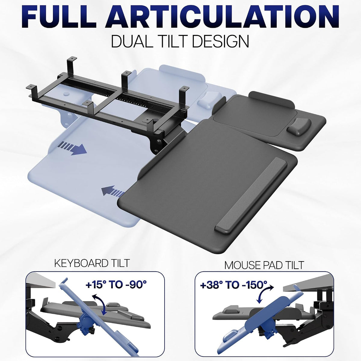 Black Under Desk 27 x 12 in Tilting Keyboard Tray, Mount-KBTM1