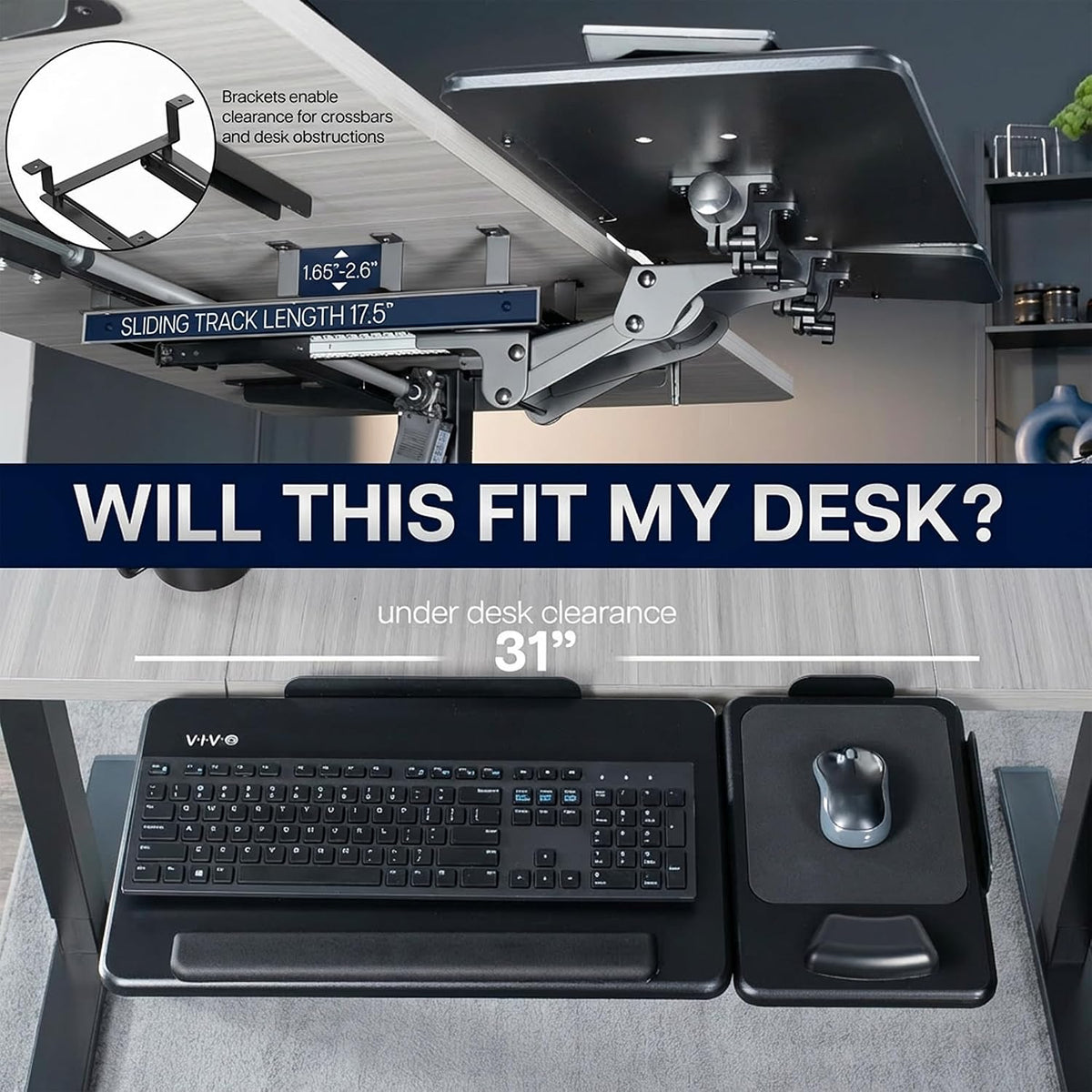 Black Under Desk 27 x 12 in Tilting Keyboard Tray, Mount-KBTM1