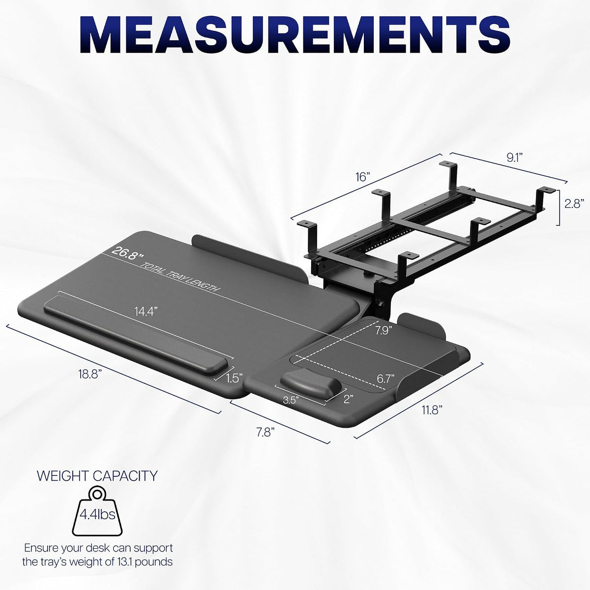 Black Under Desk 27 x 12 in Tilting Keyboard Tray, Mount-KBTM1