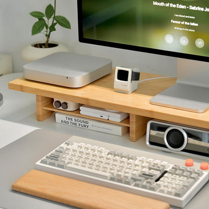 Bamboo Dual Monitor Stand Riser, 2-Tier Desk Shelf with Storage