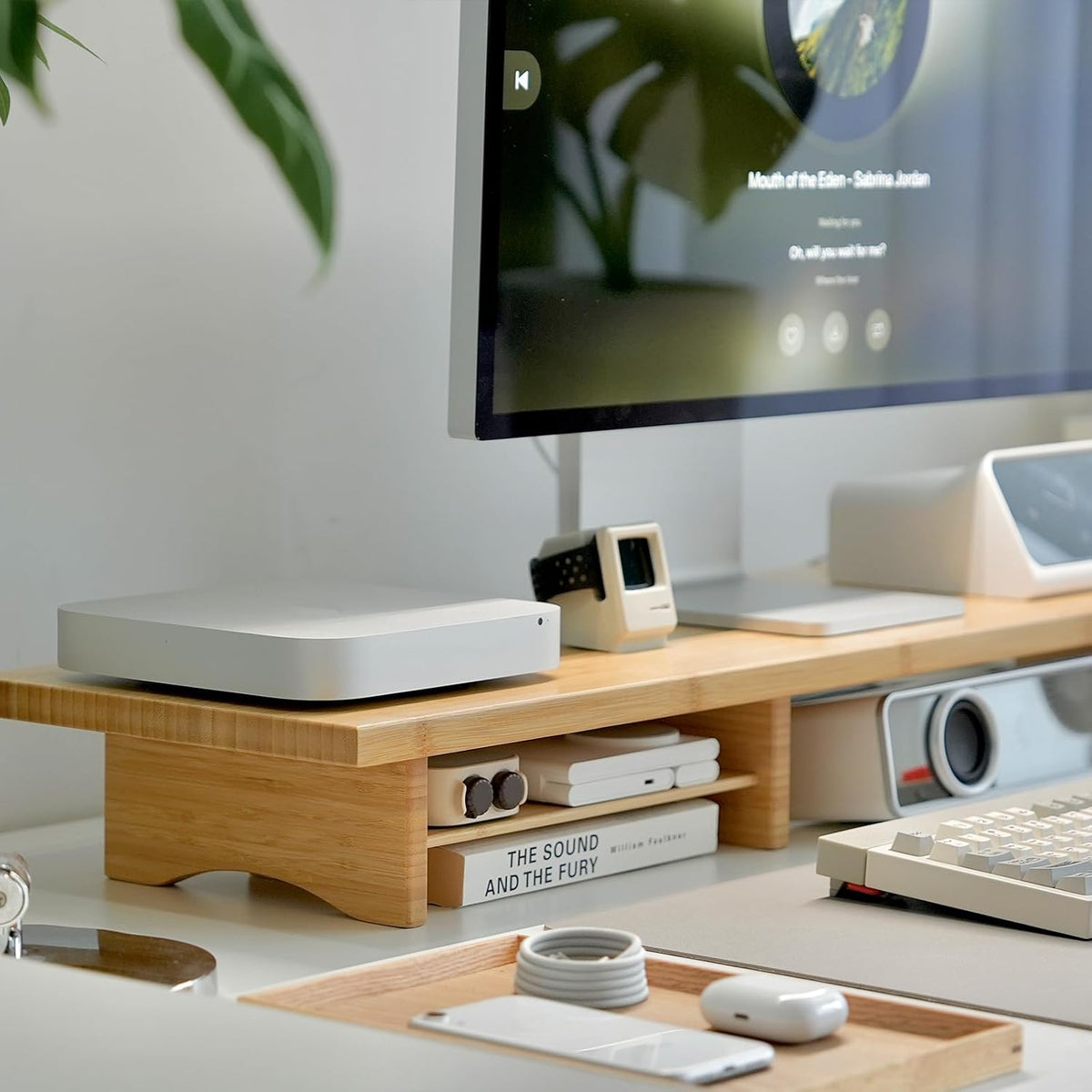 Bamboo Dual Monitor Stand Riser, 2-Tier Desk Shelf with Storage