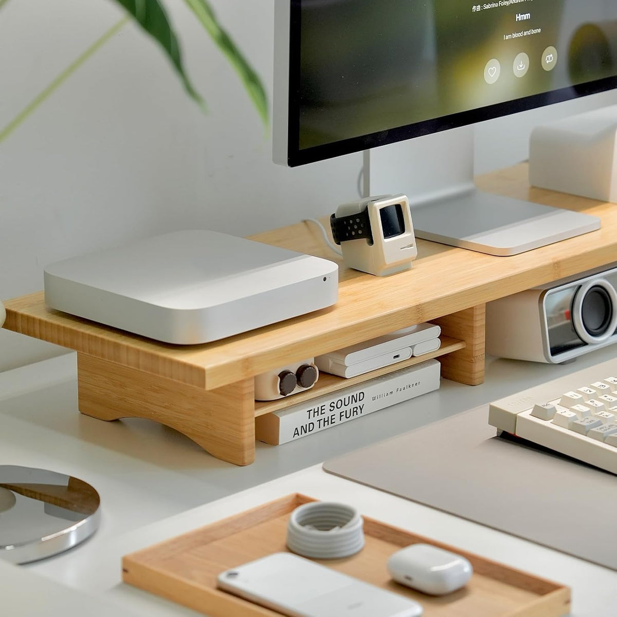 Bamboo Dual Monitor Stand Riser, 2-Tier Desk Shelf with Storage