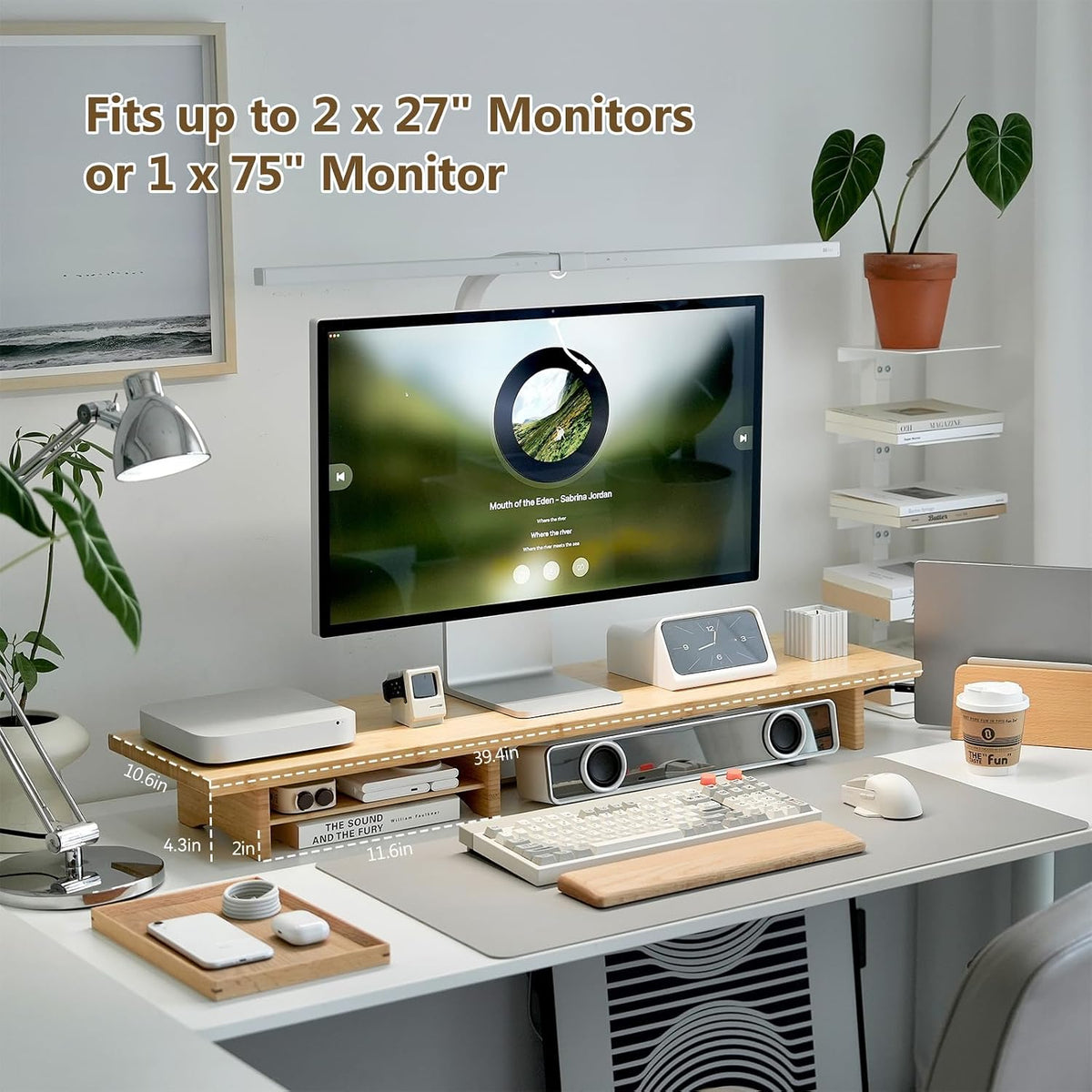 Bamboo Dual Monitor Stand Riser, 2-Tier Desk Shelf with Storage