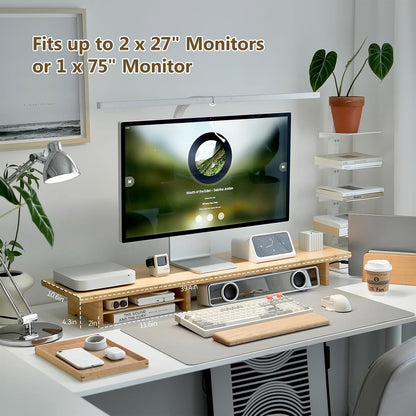 Bamboo Dual Monitor Stand Riser, 2-Tier Desk Shelf with Storage