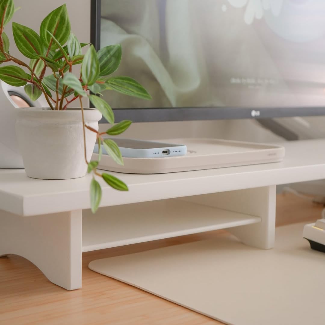 Bamboo Dual Monitor Stand Riser, 2-Tier Desk Shelf with Storage