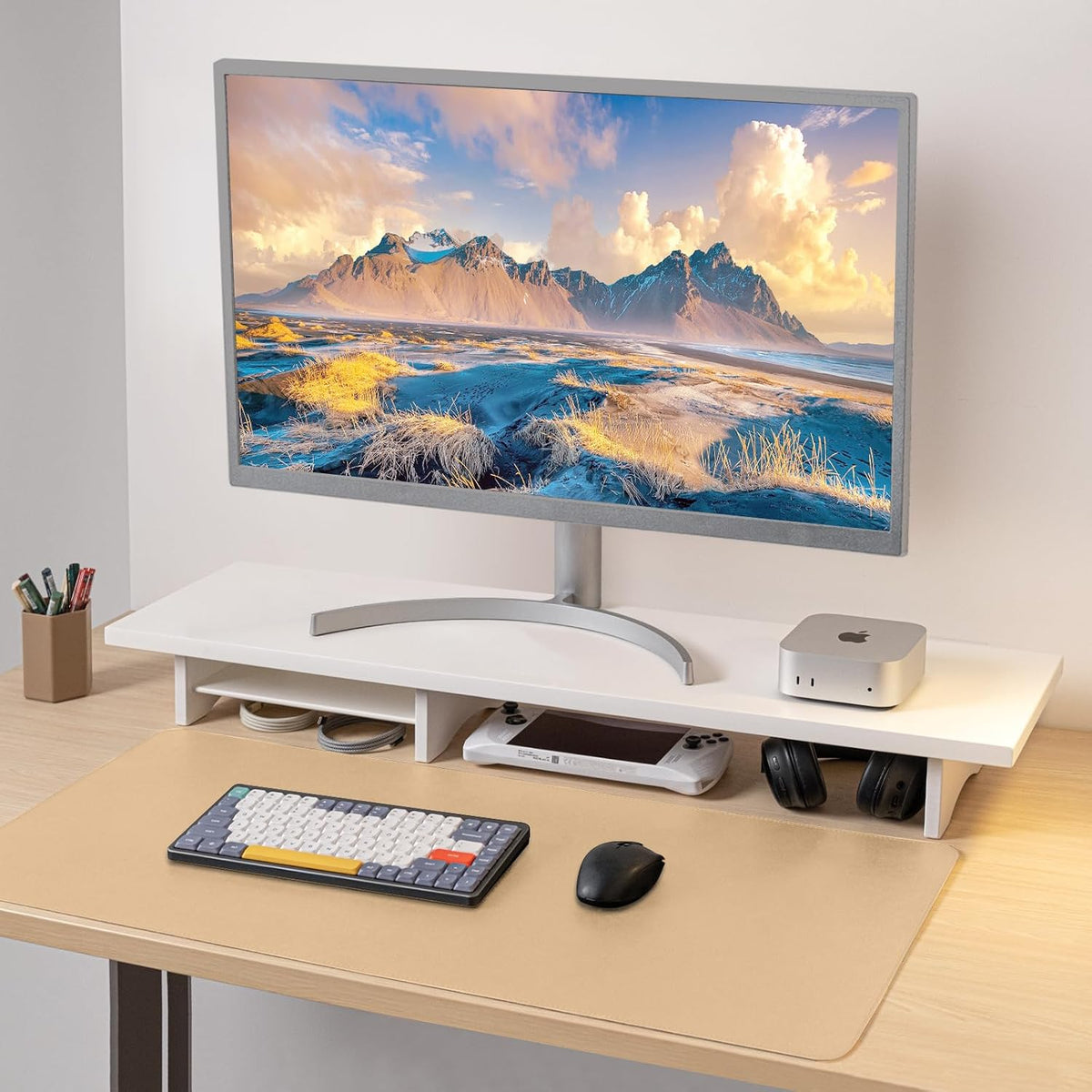 Bamboo Dual Monitor Stand Riser, 2-Tier Desk Shelf with Storage