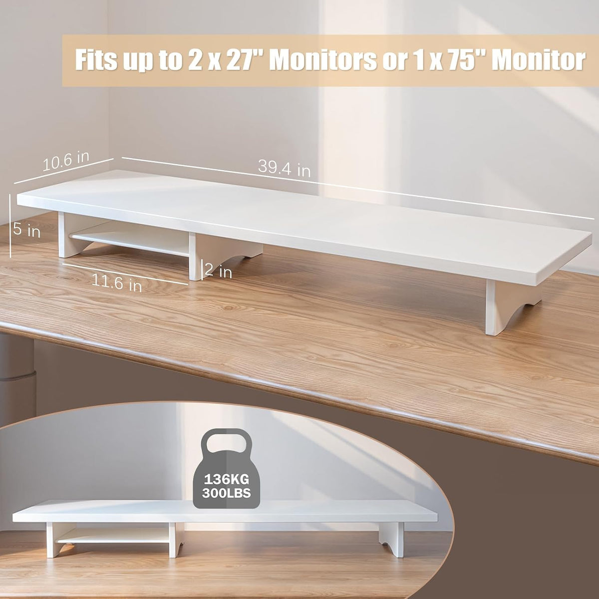 Bamboo Dual Monitor Stand Riser, 2-Tier Desk Shelf with Storage