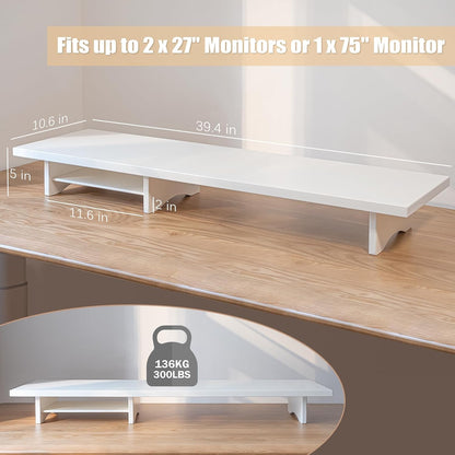Bamboo Dual Monitor Stand Riser, 2-Tier Desk Shelf with Storage