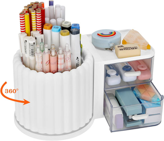 Rotating Office Desk Organizers and Accessories with 2 Drawer, Pencil Pen Marker Holder for Desk, Desktop Storage Organizers and Accessories for Office Home Art Supplies (White)