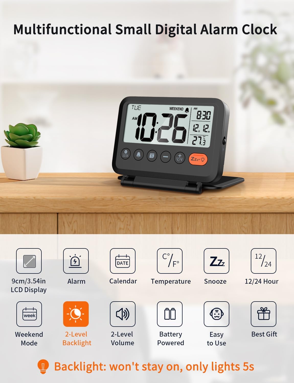Digital Travel Alarm Clock, Battery Operated Bedroom Clock