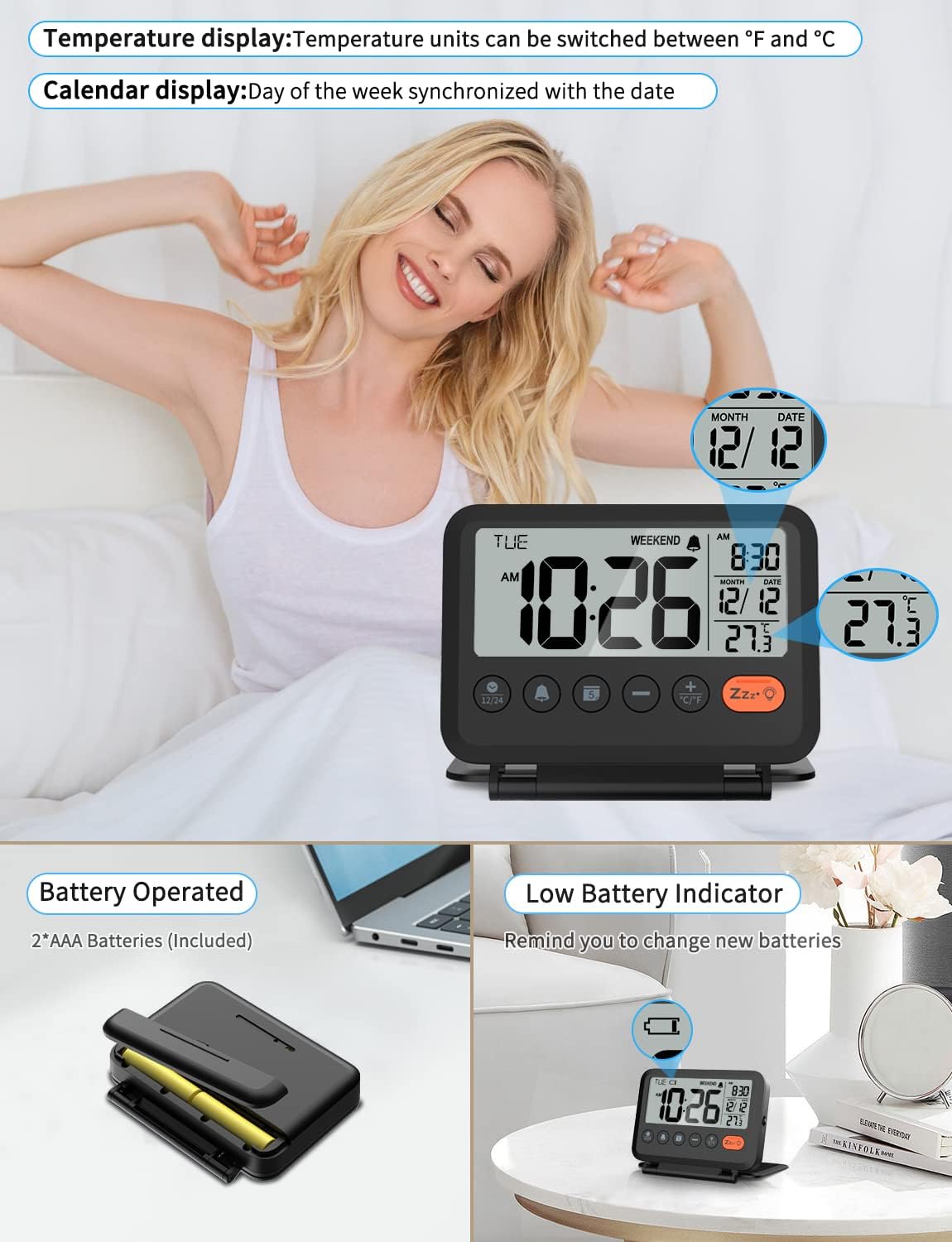 Digital Travel Alarm Clock, Battery Operated Bedroom Clock