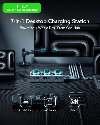 MFish E-Tank 7-in-1 Desktop Charging Station, 240W Max GaN USB-C Charger