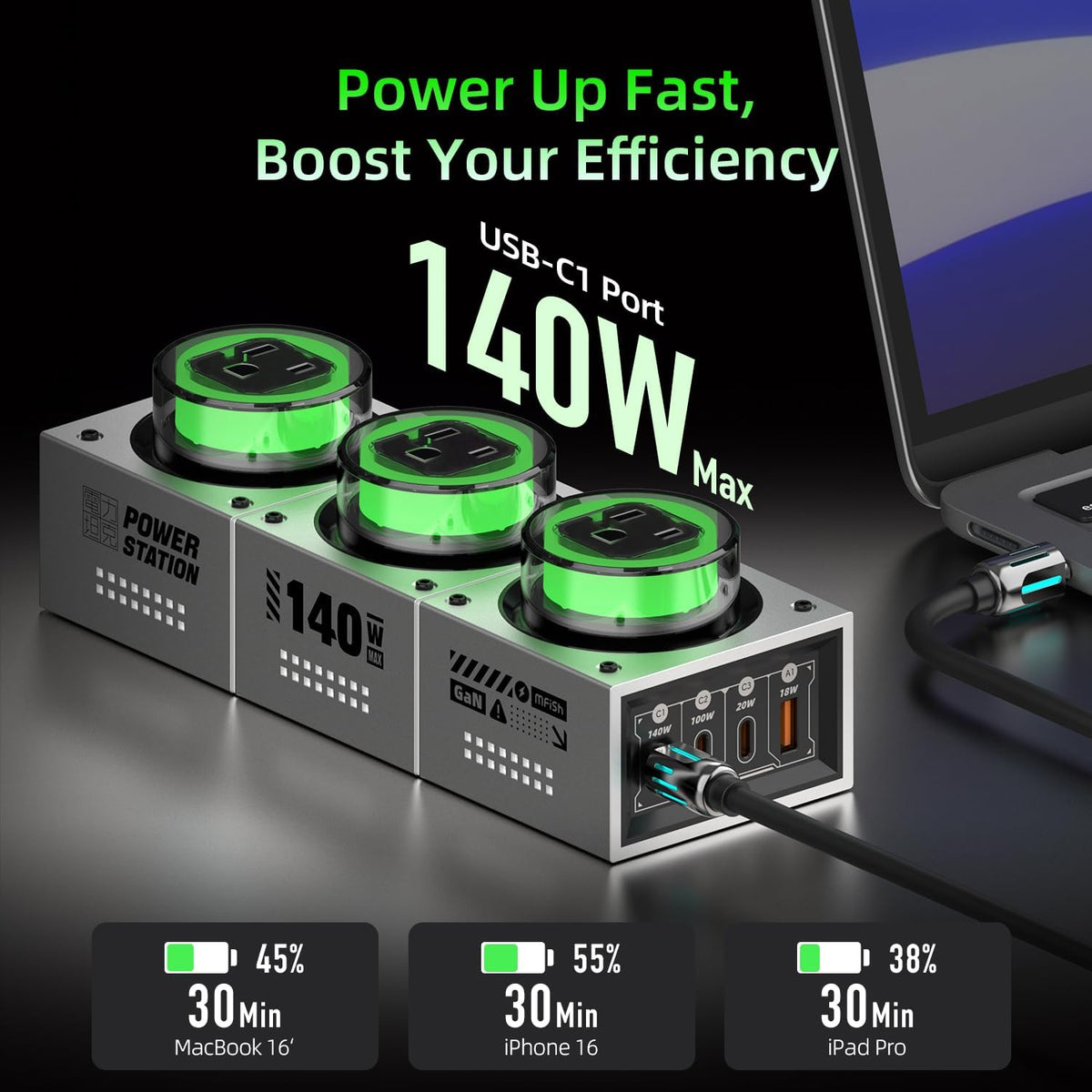 MFish E-Tank 7-in-1 Desktop Charging Station, 240W Max GaN USB-C Charger