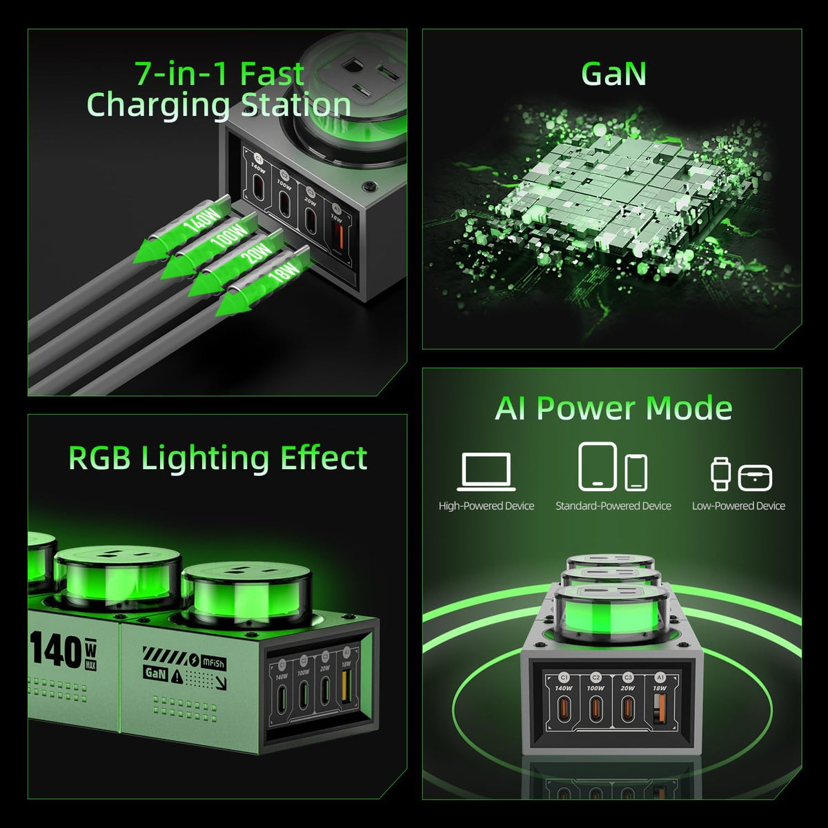 MFish E-Tank 7-in-1 Desktop Charging Station, 240W Max GaN USB-C Charger