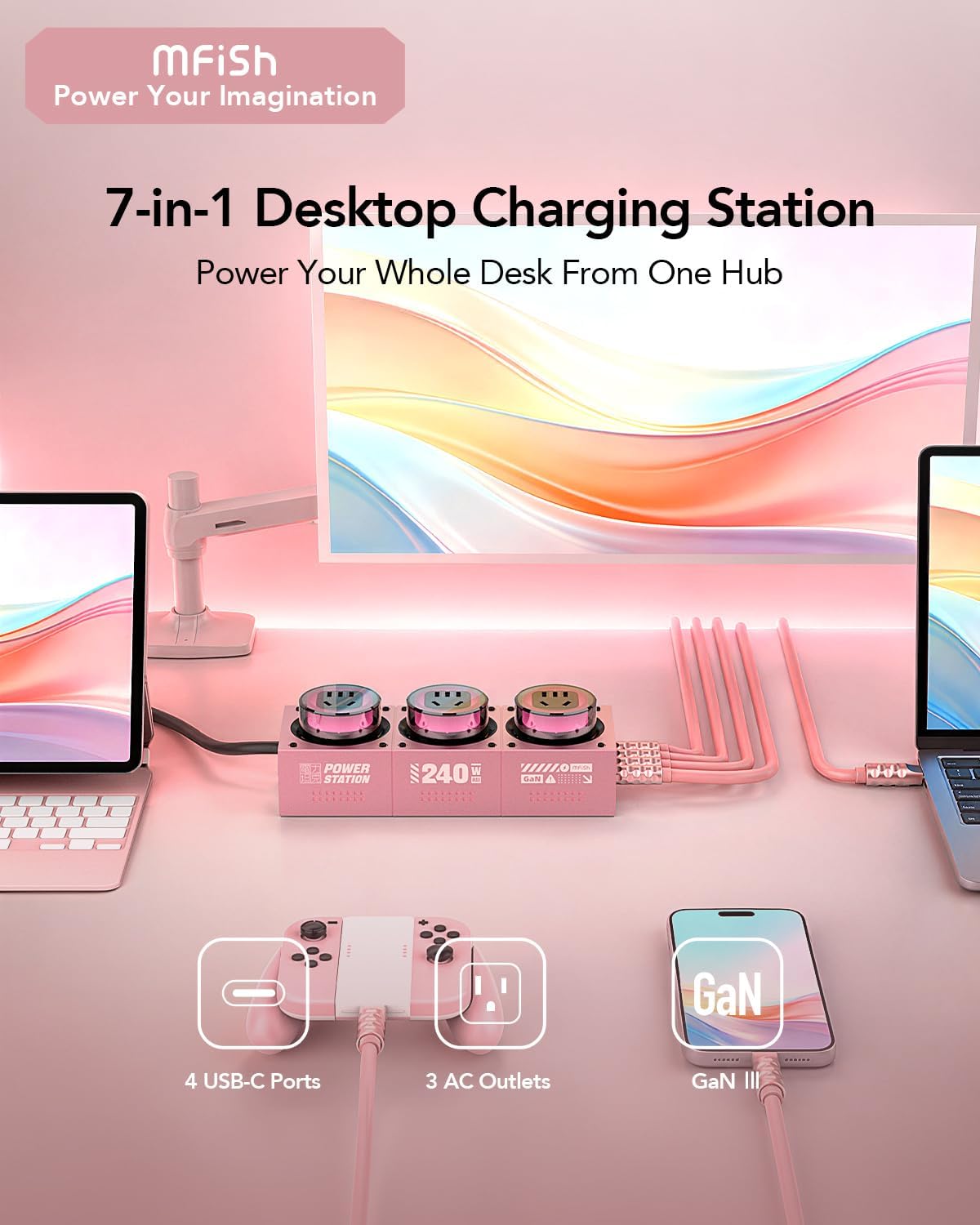 MFish E-Tank 7-in-1 Desktop Charging Station, 240W Max GaN USB-C Charger