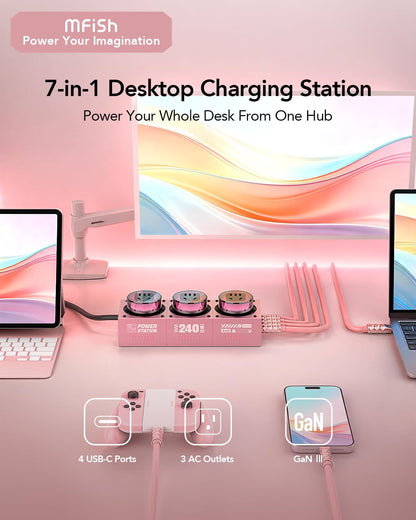 MFish E-Tank 7-in-1 Desktop Charging Station, 240W Max GaN USB-C Charger