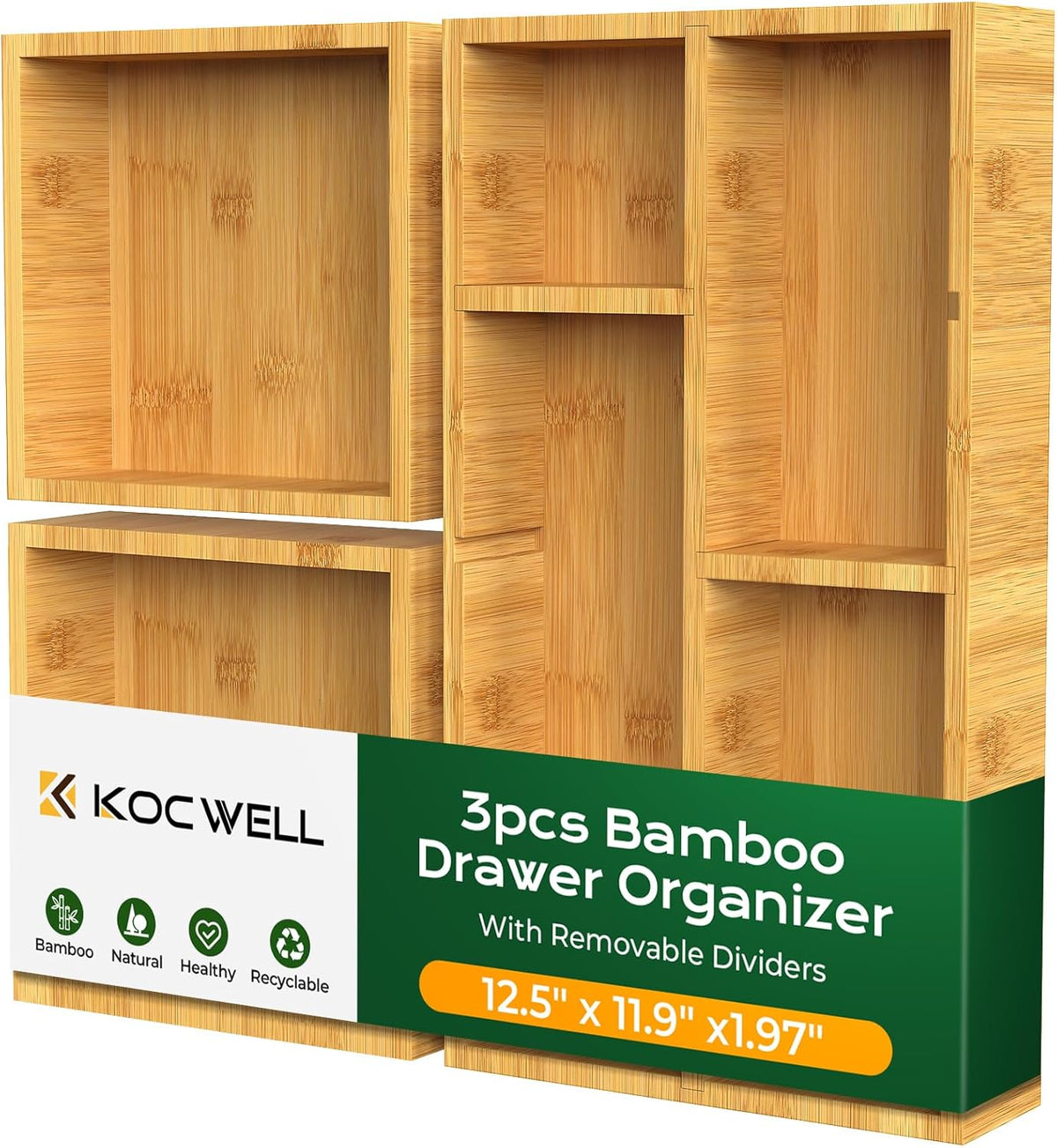 Bamboo Desk Drawer Organizer with Removable Dividers,Multi-Use Office Drawer Organizer Tray,Junk Drawer Organizers for Office,School,Kitchen,Makeup Supply（Original）