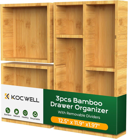 Bamboo Desk Drawer Organizer with Removable Dividers,Multi-Use Office Drawer Organizer Tray,Junk Drawer Organizers for Office,School,Kitchen,Makeup Supply（Original）