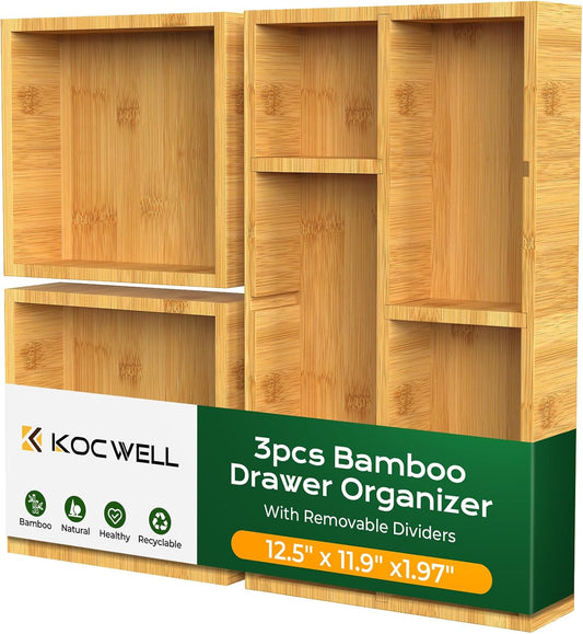Bamboo Desk Drawer Organizer with Removable Dividers,Multi-Use Office Drawer Organizer Tray,Junk Drawer Organizers for Office,School,Kitchen,Makeup Supply（Original）