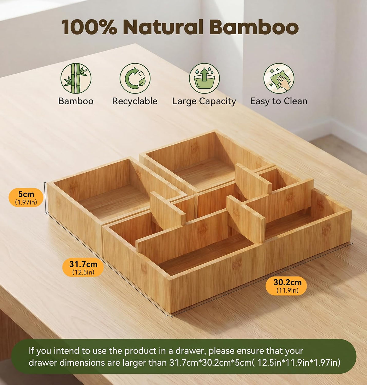 Bamboo Desk Drawer Organizer with Removable Dividers,Multi-Use Office Drawer Organizer Tray,Junk Drawer Organizers for Office,School,Kitchen,Makeup Supply（Original）