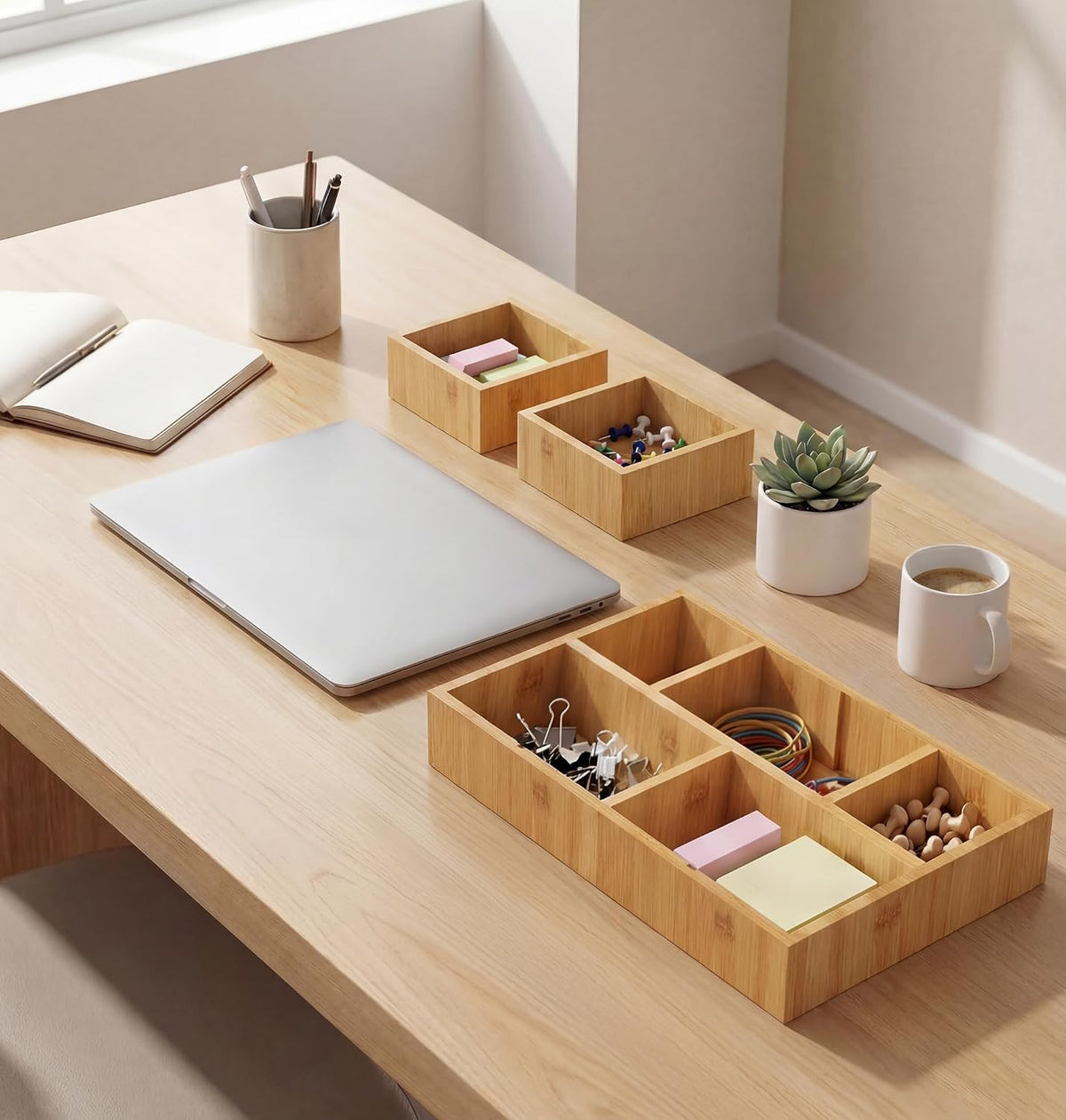 Bamboo Desk Drawer Organizer with Removable Dividers,Multi-Use Office Drawer Organizer Tray,Junk Drawer Organizers for Office,School,Kitchen,Makeup Supply（Original）